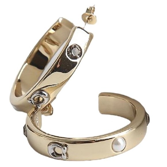 AUTH NEW Coach Gold Pegged Signature & Stone Hoop Earrings w/Card/Tag & Dust Bag - Picture 1 of 9
